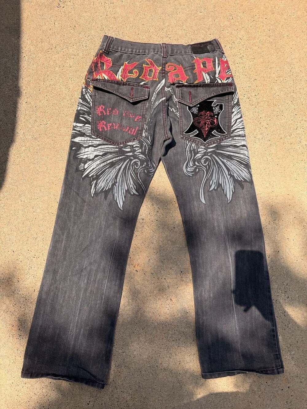 Red Ape Revival Men's Black Baggy Y2K Denim Jeans with Wing Embroidery and Patch